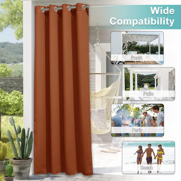 Terracotta brown outdoor privacy curtain with silver grommet top on a sunny patio.