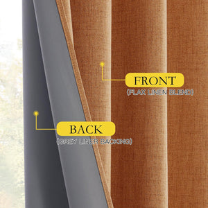 Textured terracotta flax linen blend curtain with a grey liner backing visible from the side.