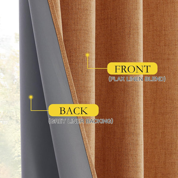 Textured terracotta flax linen blend curtain with a grey liner backing visible from the side.