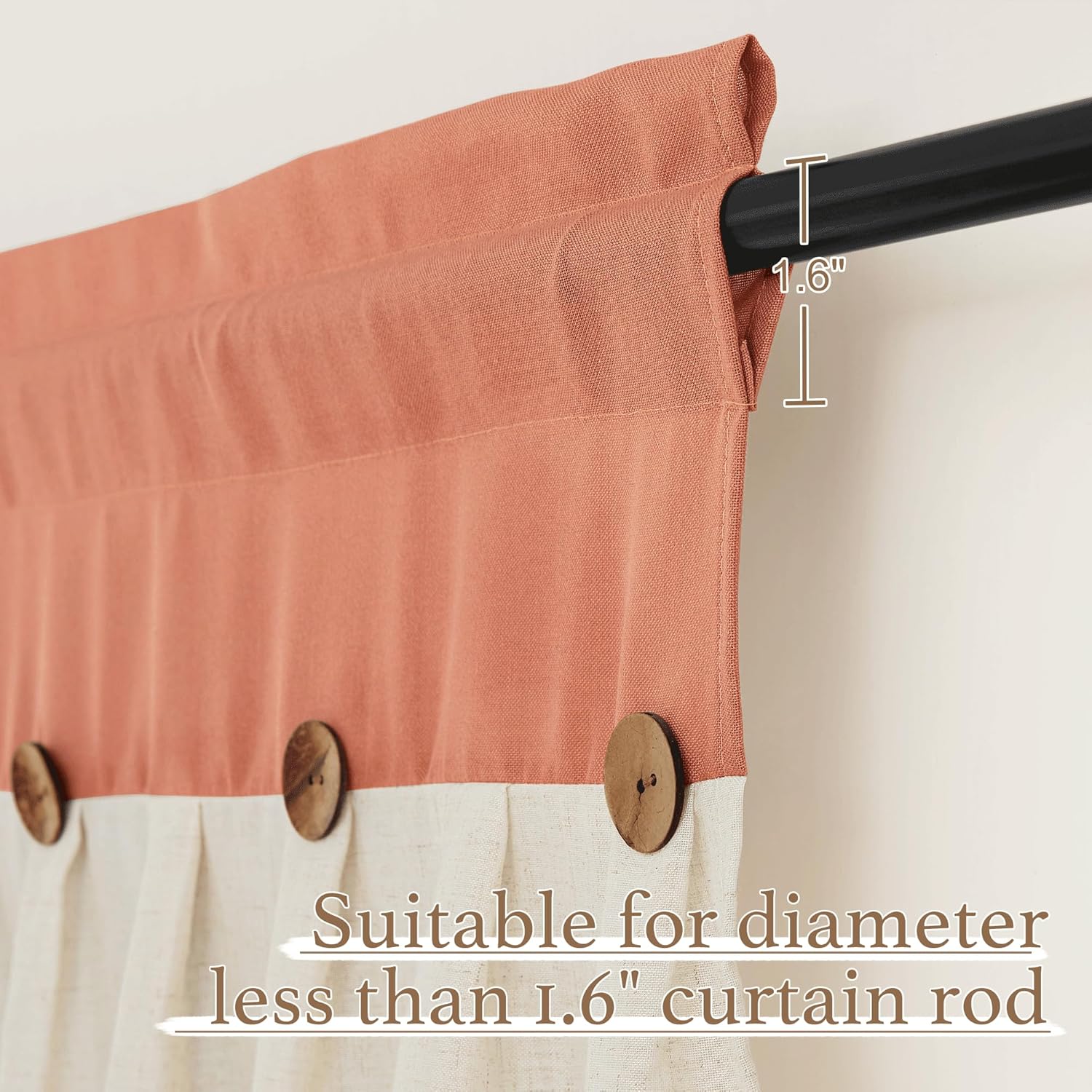 Terracotta and natural linen color block valance with rustic wooden buttons and rod pocket.