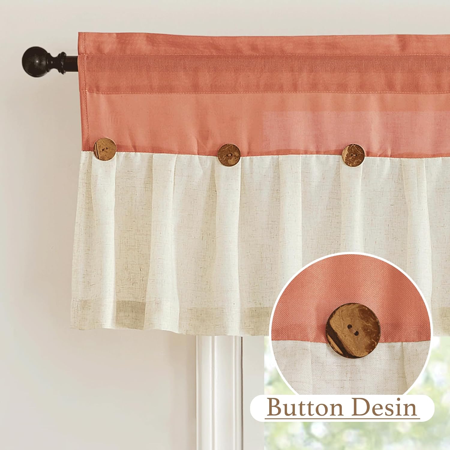 Two-tone terracotta and natural linen window valance with decorative wooden buttons, hanging over a window.