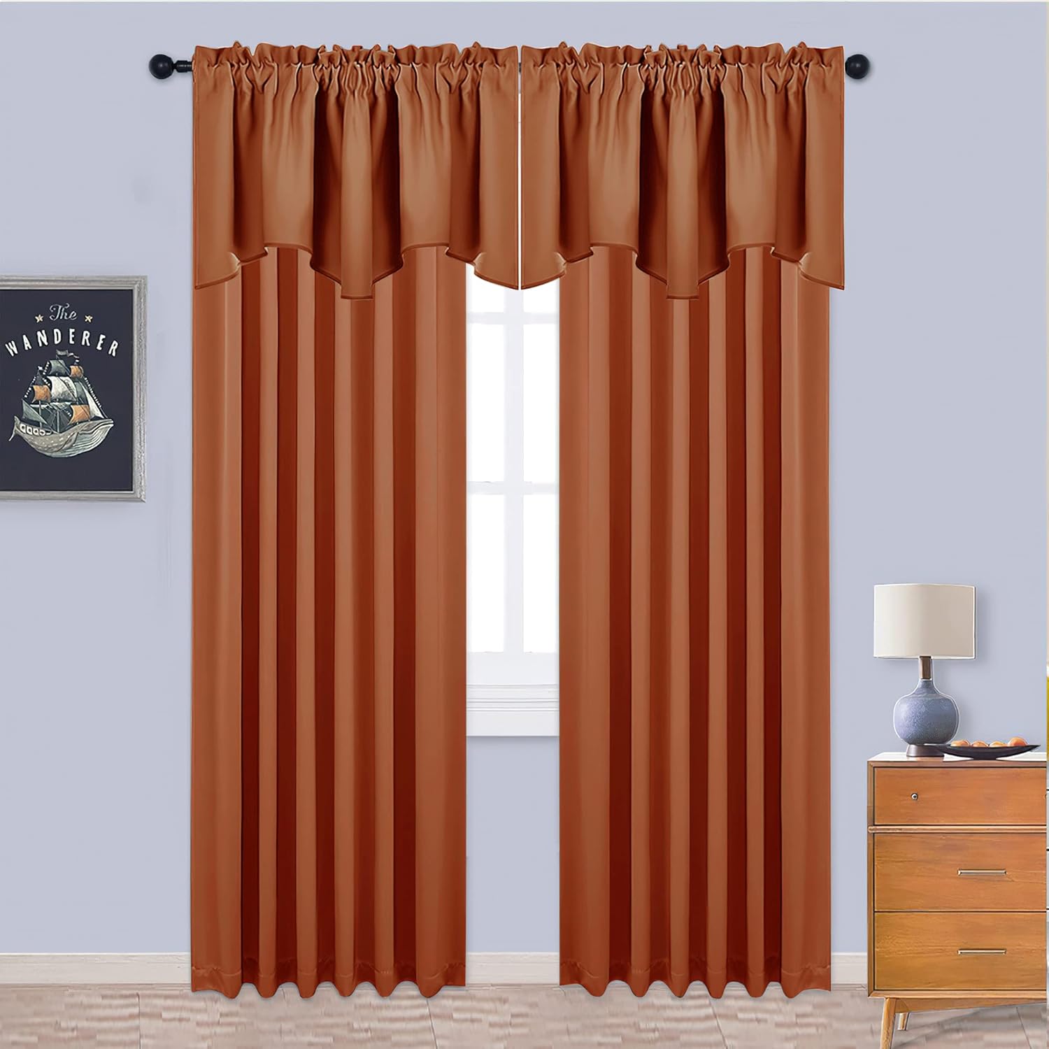 A pair of terracotta curtain panels with a ruffled rod pocket top and attached scalloped valance.