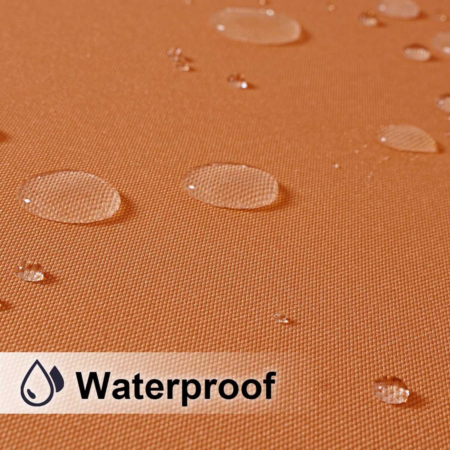 Close-up of terracotta woven fabric with water droplets beading, clearly demonstrating its waterproof quality.