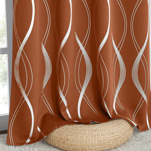 Terracotta curtain with a shimmering white vertical wavy line pattern, draped gracefully near a window.