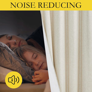 Light beige textured noise reducing curtain providing quiet for sleeping mother and child.
