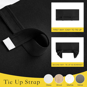 Textured black fabric tie-up strap detail, demonstrating simple roll and bowknot fastening options.