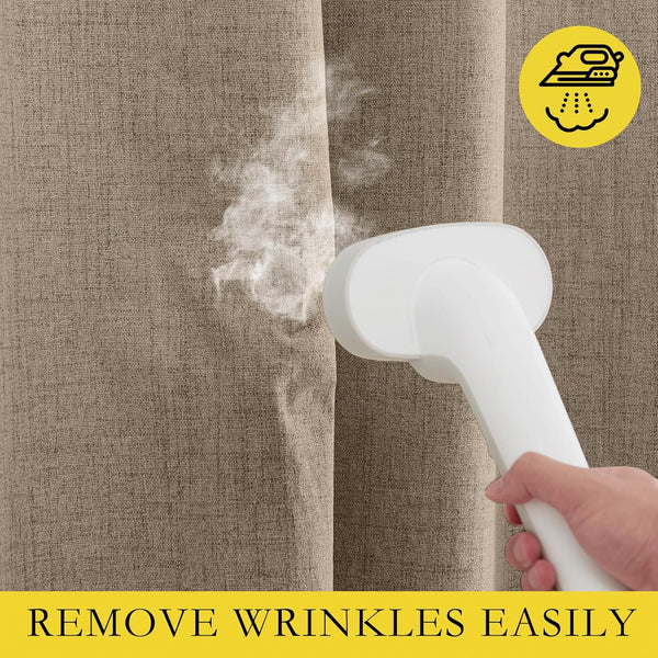 A hand uses a white handheld steamer to remove wrinkles from a textured brown fabric curtain, emphasizing easy care.