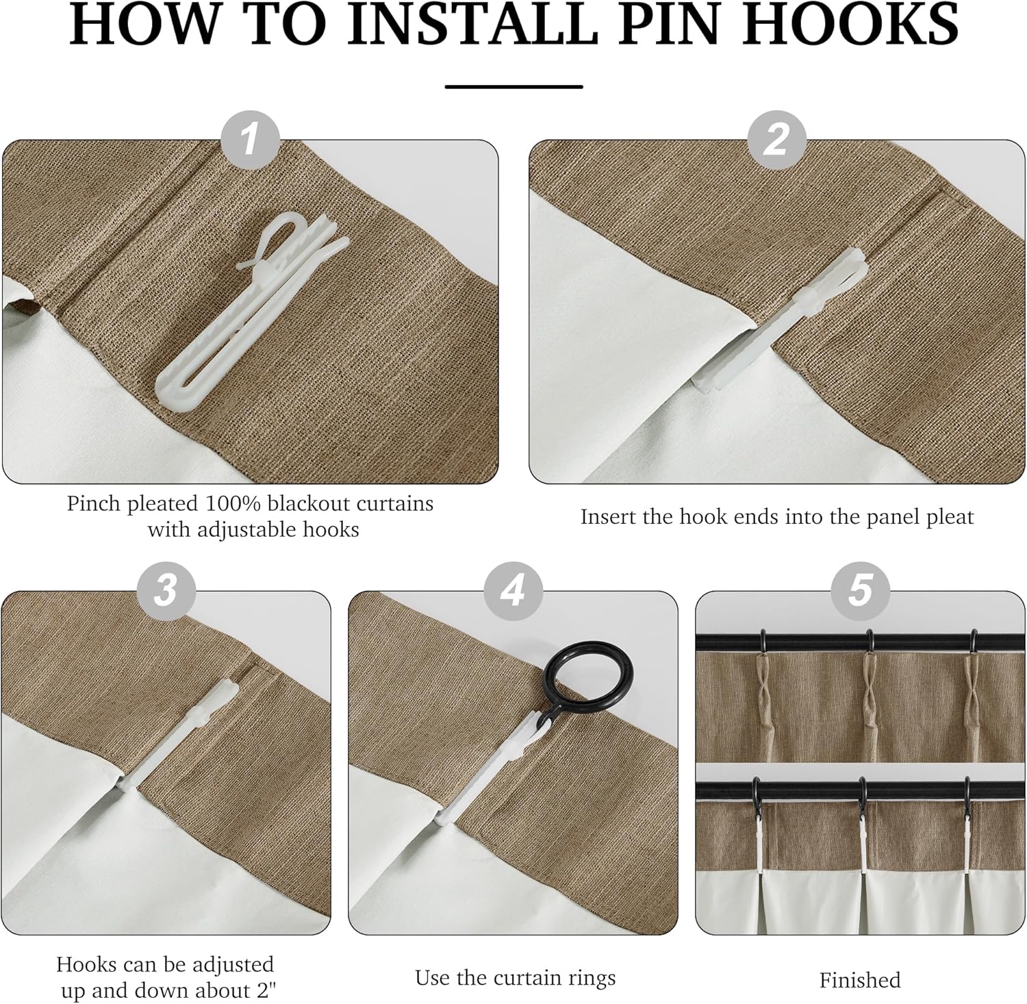 Installation guide for brown and white textured pinch pleated blackout curtains with adjustable pin hooks.