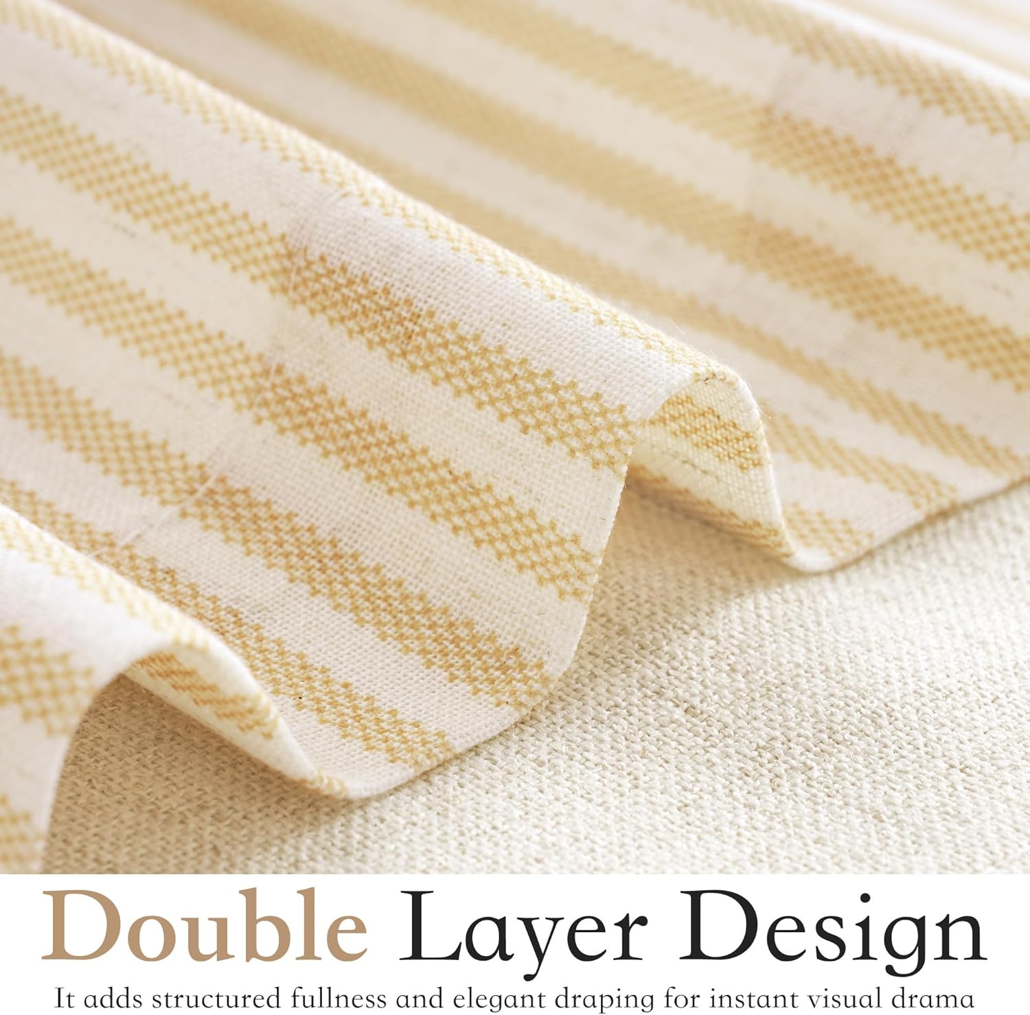 Cream and golden yellow striped double-layer fabric, showing its woven texture with dashed stripes.