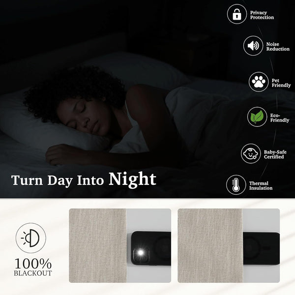 Textured light beige blackout curtains demonstrate 100% light blockage, creating dark room for sleep.