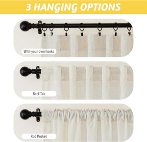 Light beige textured curtain showing three hanging options: clip rings, back tabs, and rod pocket.
