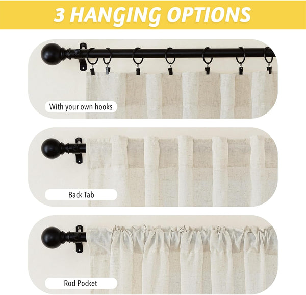 Light beige textured curtain showing three hanging options: clip rings, back tabs, and rod pocket.
