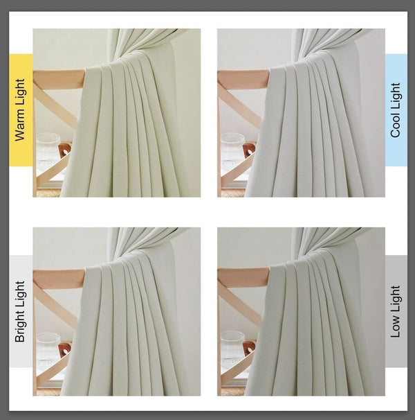 Textured light neutral curtain fabric showing its appearance under warm, cool, bright, and low light.