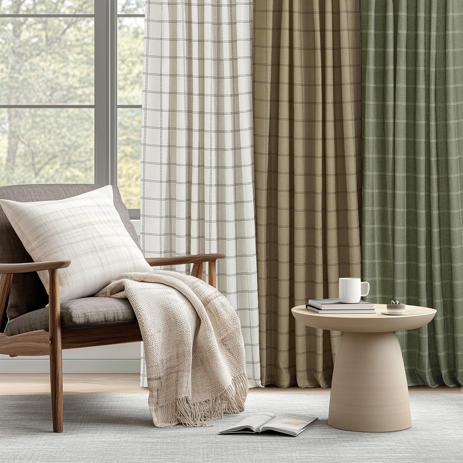 Three textured plaid window curtains in cream, brown, and sage green earth tones, enhancing a cozy living room.