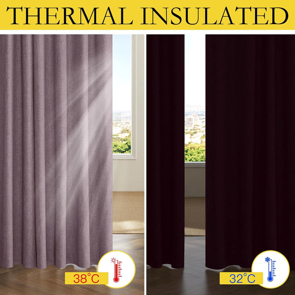 Thermal insulated curtains: light mauve (38°C) vs. dark burgundy (32°C) showing temperature regulation.