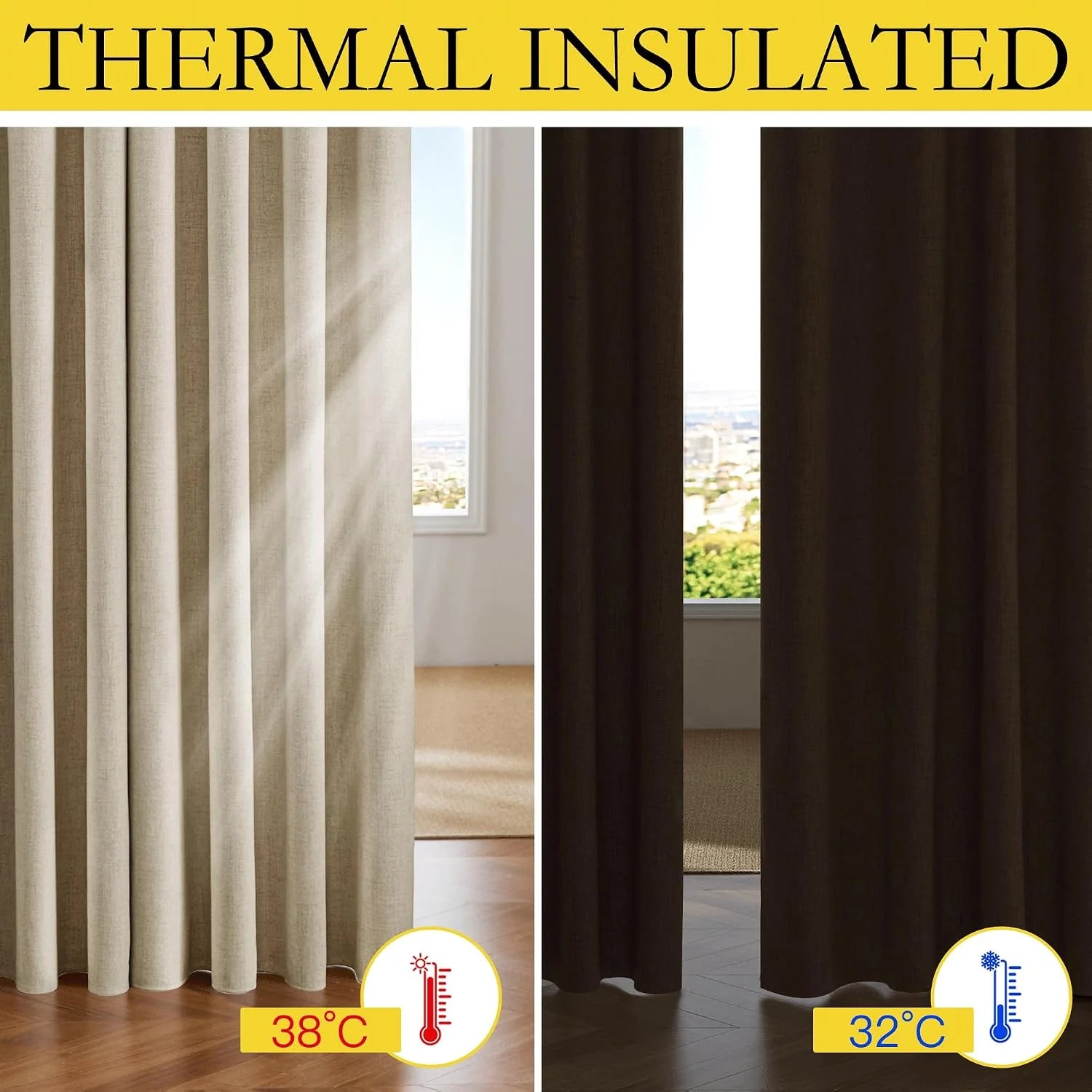 Thermal insulated beige and dark brown curtains shown in a bright room by a window