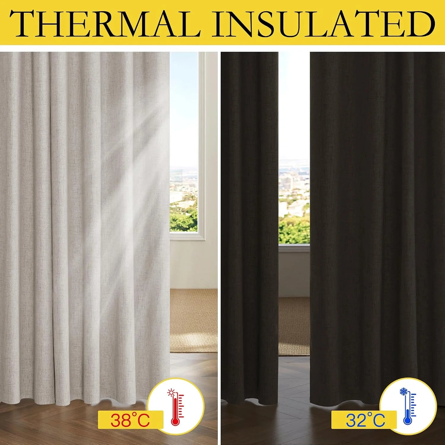 Thermal insulated curtains shown in light beige and dark brown beside a sunny window