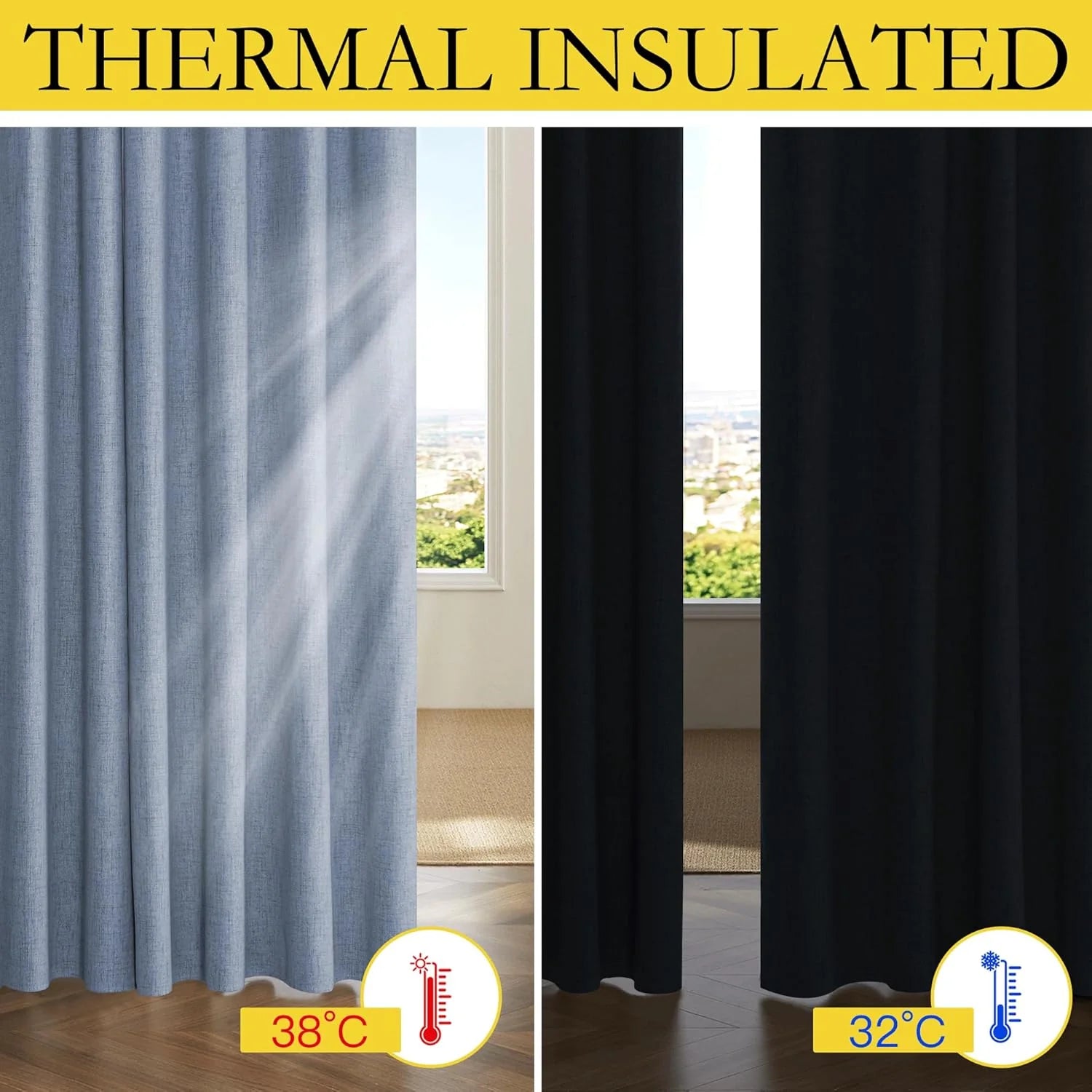 Thermal insulated blackout curtains shown in blue and black over bright window panels