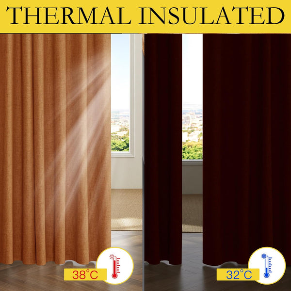 Textured thermal insulated brown curtains comparison. Left shows 38°C, right blocks heat to 32°C.