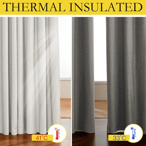 Two thermal insulated curtains, light and dark grey, showing temperature control with thermometers.