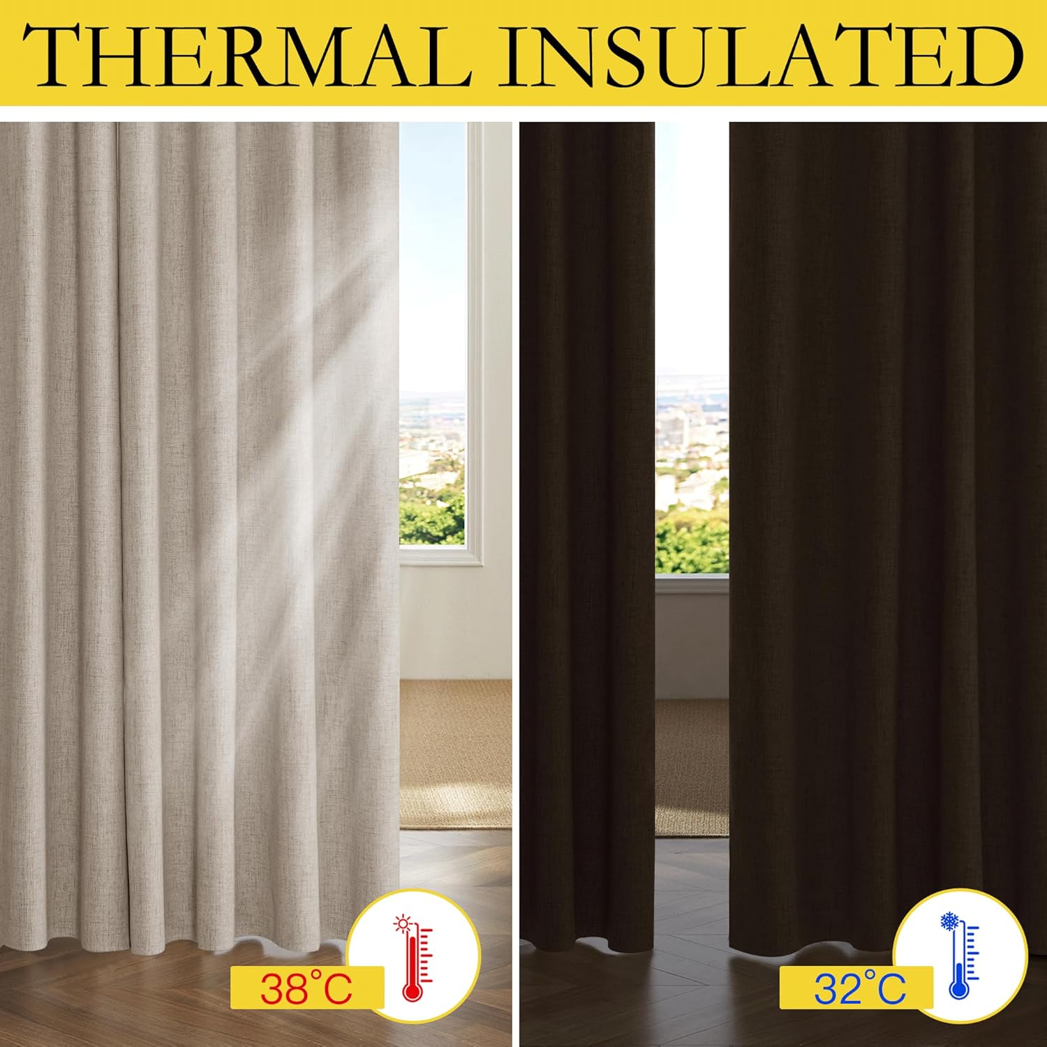 Light beige and dark brown thermal insulating curtains. Comparison shows outside 38°C, inside 32°C.