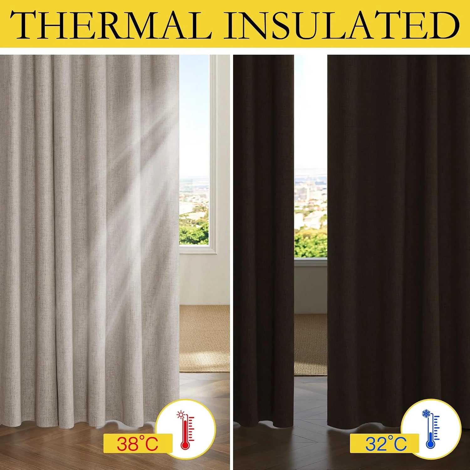Thermal insulated beige and dark brown textured curtains shown blocking heat by a bright window