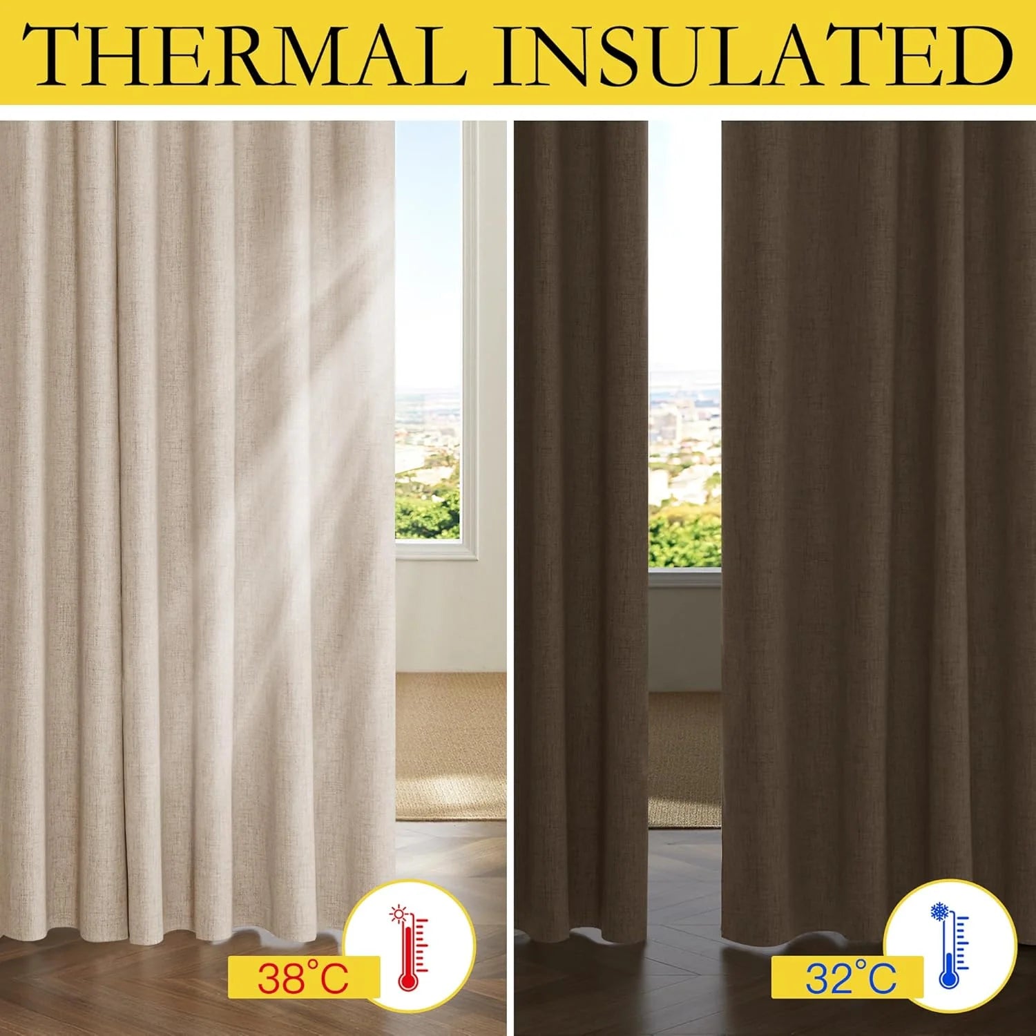 Thermal insulated linen-look curtains in beige and brown shown over bright windows