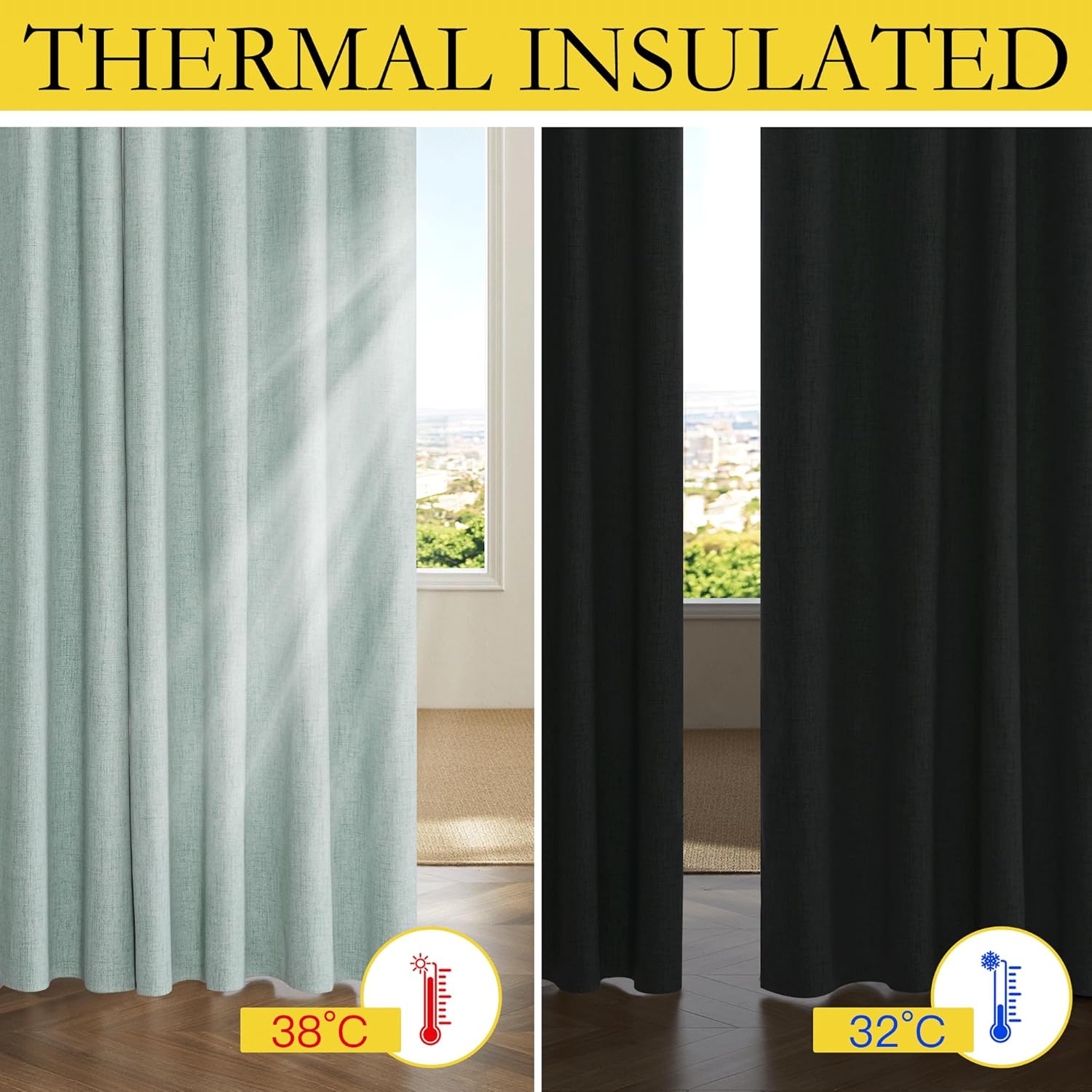 Light sage green and dark grey thermal insulated curtains show heat and cold blocking properties.