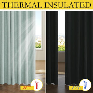 Light sage green and dark grey thermal insulated curtains show heat and cold blocking properties.