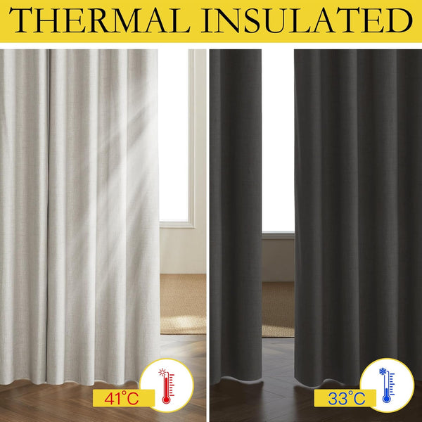Split image of light beige and dark grey textured thermal insulated curtains, showing temperature regulation.
