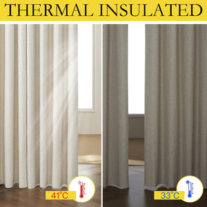 Textured beige and taupe thermal insulated curtains. Demonstrates heat reduction from 41°C to 33°C.