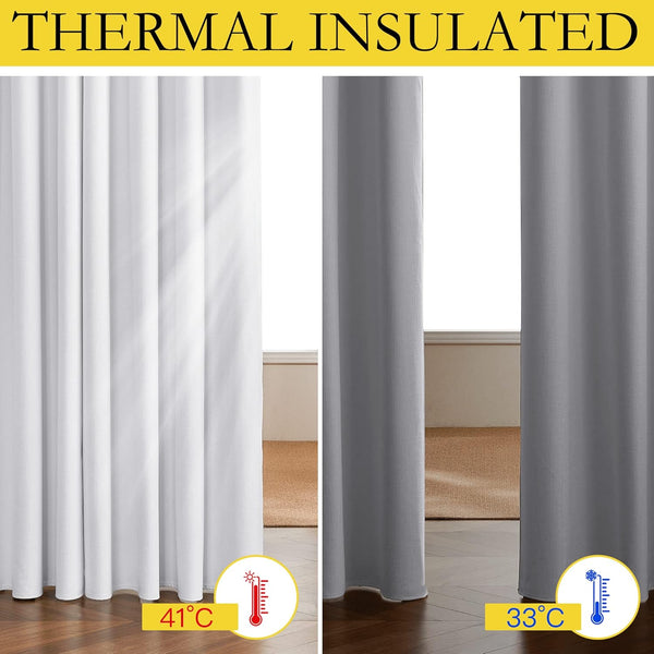 White and grey thermal insulated window curtains demonstrating temperature control with visible 41°C and 33°C readings.