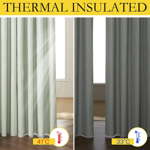Two thermal insulated linen-look curtains, sage green and dark grey, illustrating heat reduction from 41°C to 33°C.