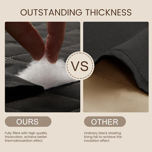 Close-up shows thick, cotton-filled quilted fabric for insulation compared to thin black material.