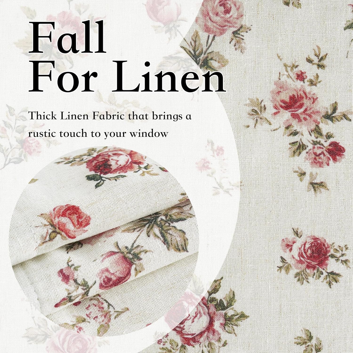 Close-up of thick off-white linen fabric with a rustic floral pattern of red and pink roses.