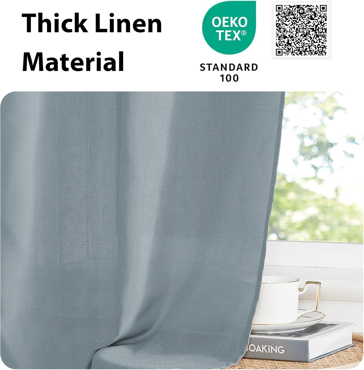 Thick slate blue linen curtain showing a natural woven texture, OEKO-TEX certified.