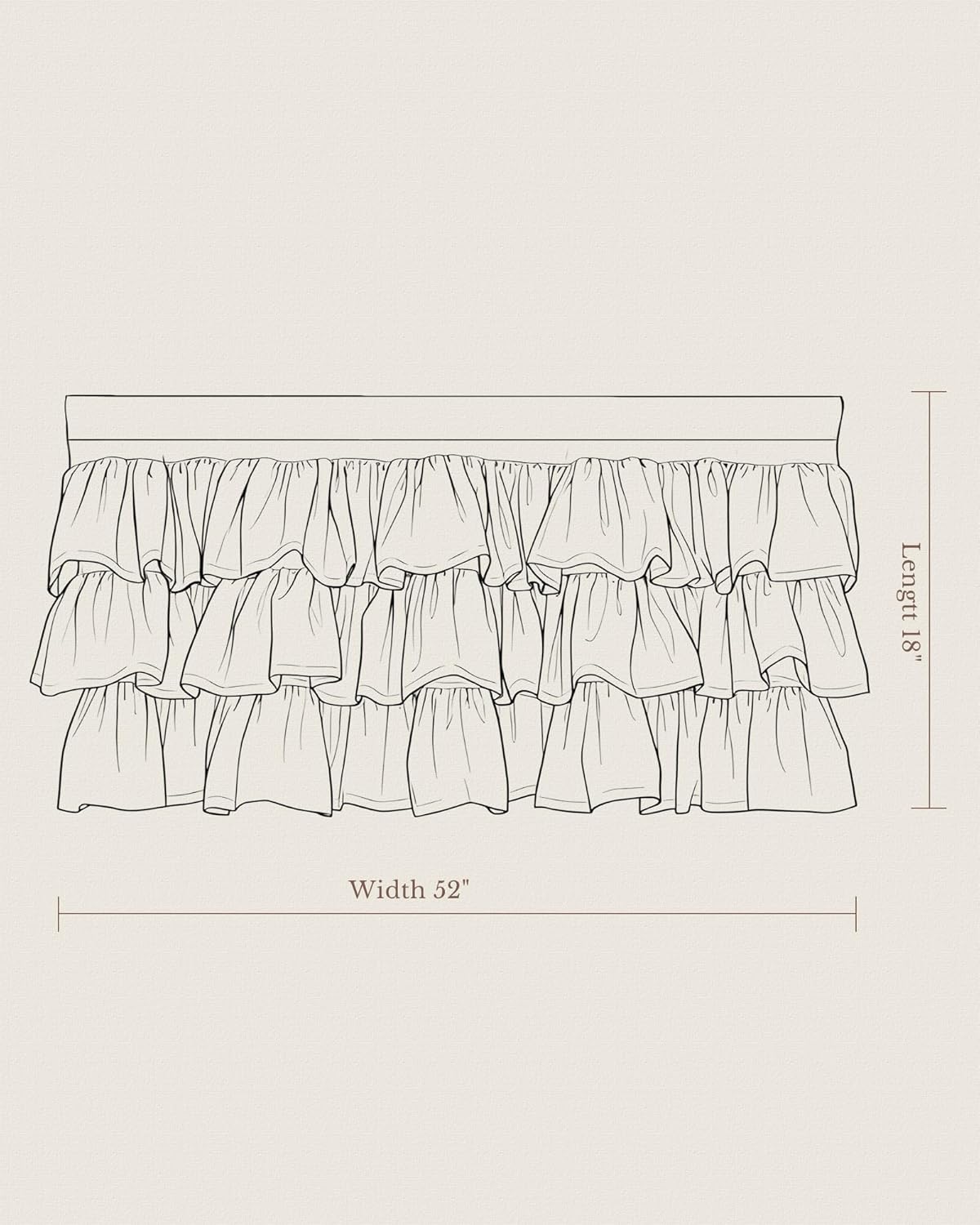 Tiered ruffled fabric valance, 18-inch drop and 52-inch width, with three full layers.