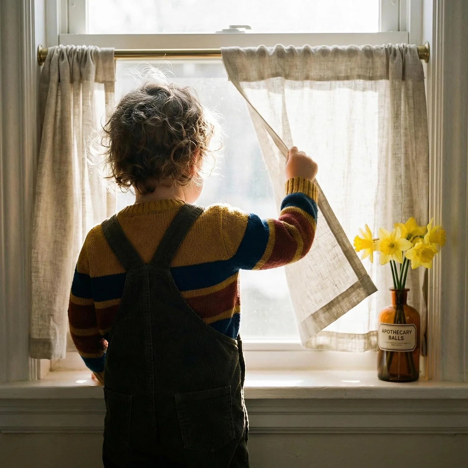 A toddler looks out a bright window, holding open a light natural linen curtain. Yellow daffodils sit on the sill.