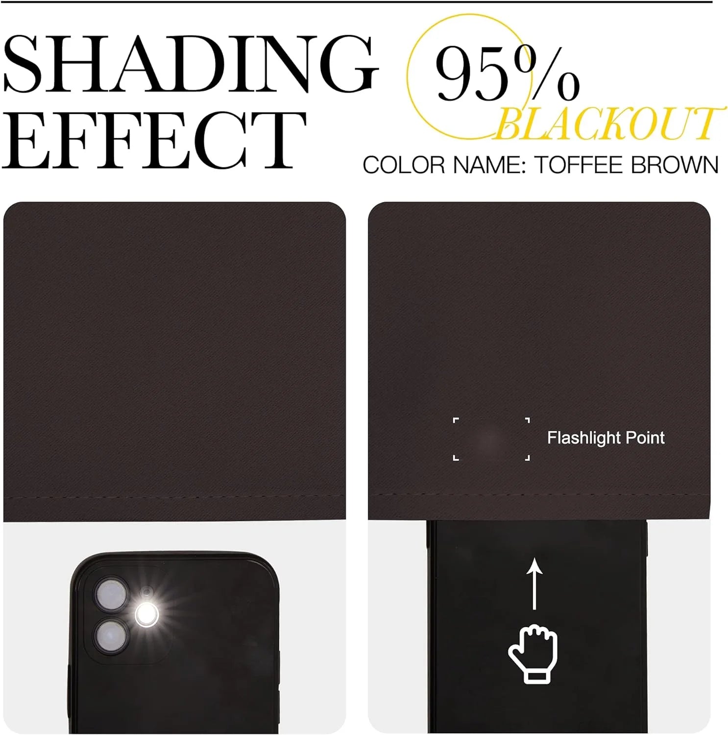 Toffee brown blackout shade fabric showing 95% light blocking with flashlight test