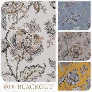 Ornate traditional floral fabric in beige, blue, taupe, and mustard yellow. Features 80% blackout.