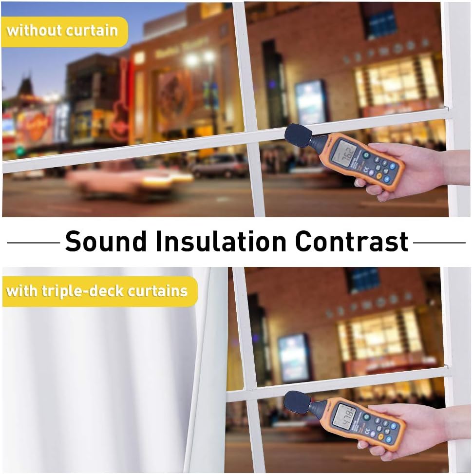 Sound insulation contrast of white triple-deck curtains. Top shows 76.2 dB city noise without, bottom shows 47.8 dB with curtains.