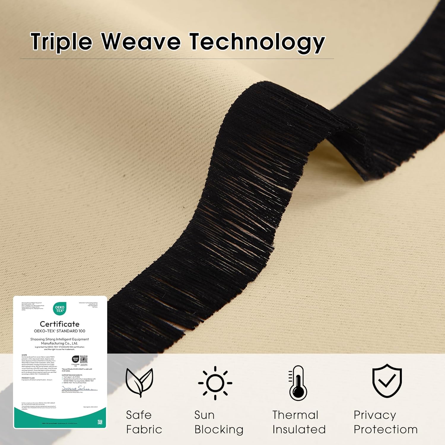 Beige triple weave blackout fabric, black inner layer visible. Certified for sun blocking, thermal insulation.
