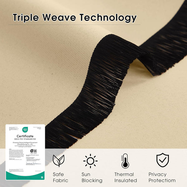 Beige triple weave blackout fabric, black inner layer visible. Certified for sun blocking, thermal insulation.