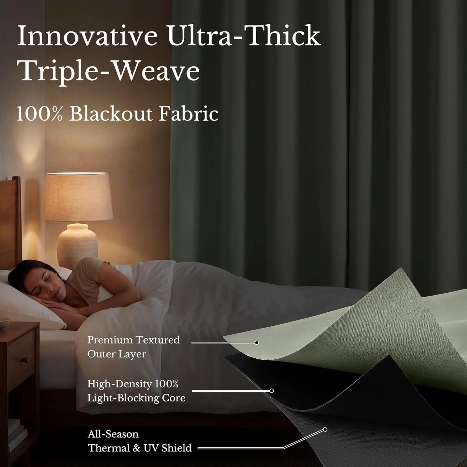 Triple-weave blackout fabric layers shown with woman sleeping in dark bedroom