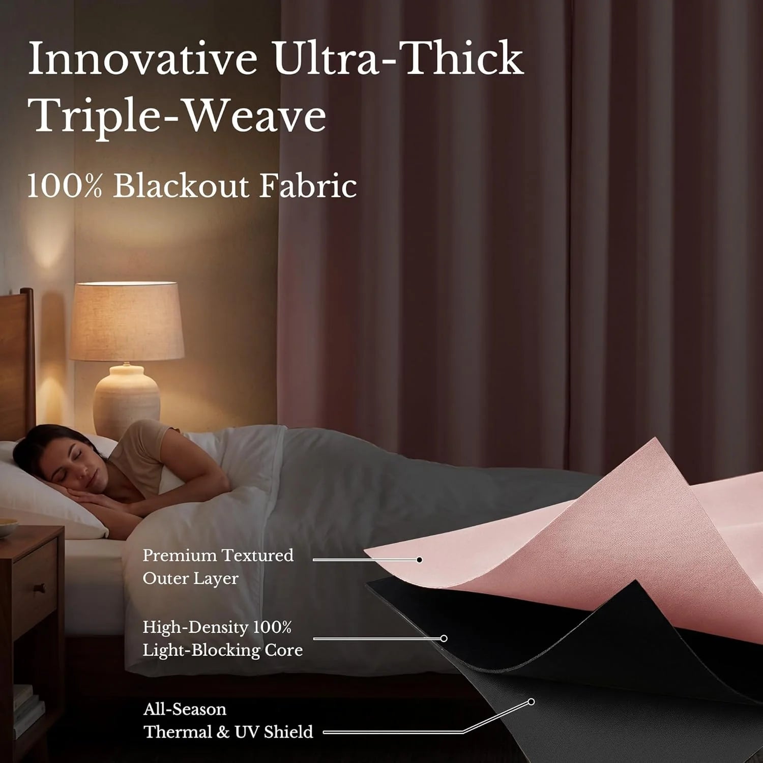 Woman sleeping soundly with ultra-thick blackout curtain, showing triple-weave fabric layers