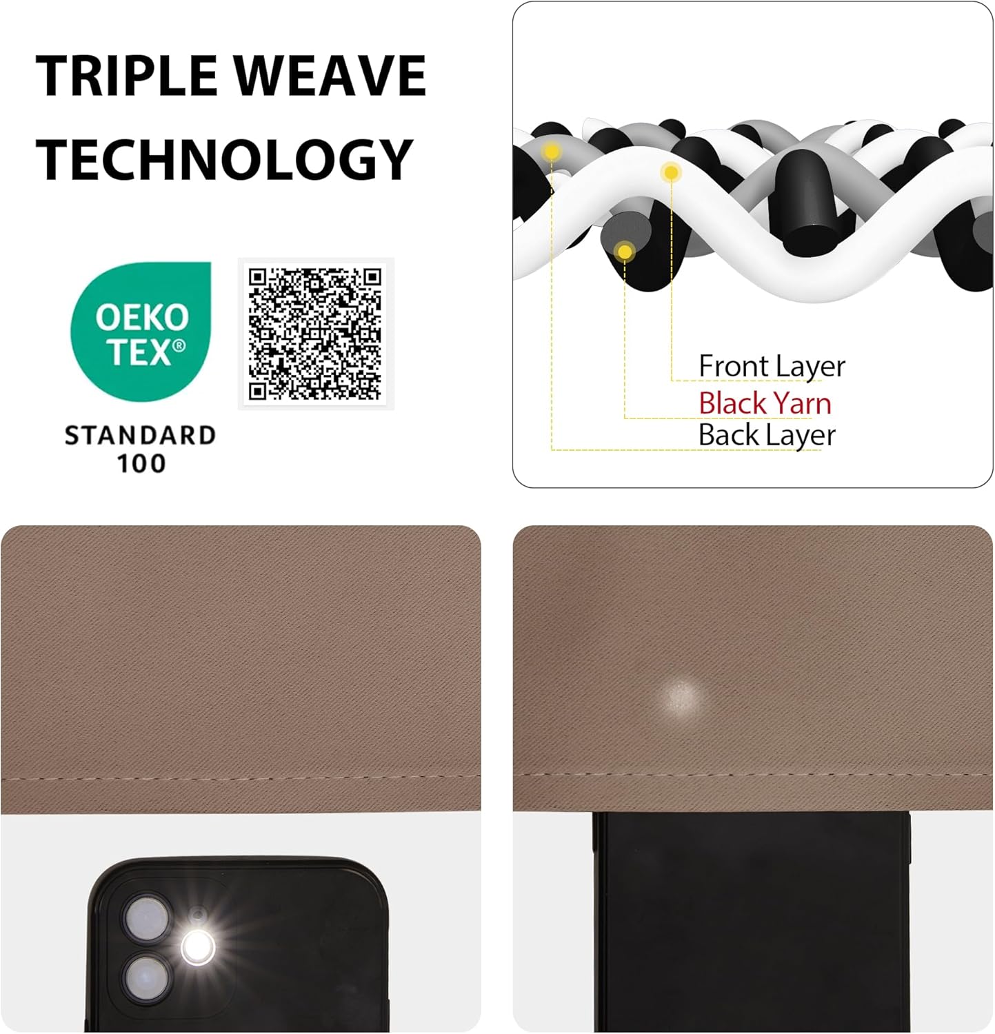 OEKO-TEX certified triple weave blackout fabric. Black yarn core. Beige textile blocks phone flashlight.