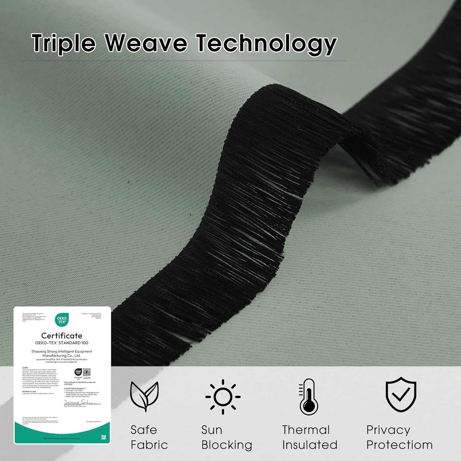 Light grey triple weave blackout fabric showing dark insulating core and OEKO-TEX.
