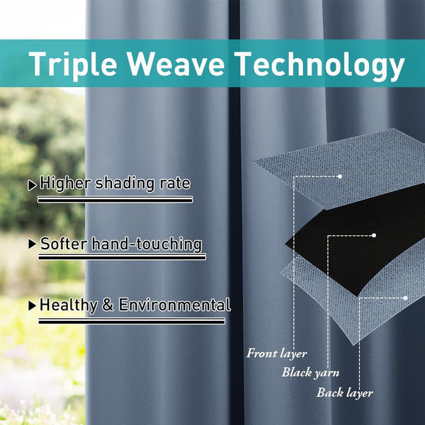 Blue-grey blackout curtain showing its triple weave fabric layers, including black yarn, for high shading.