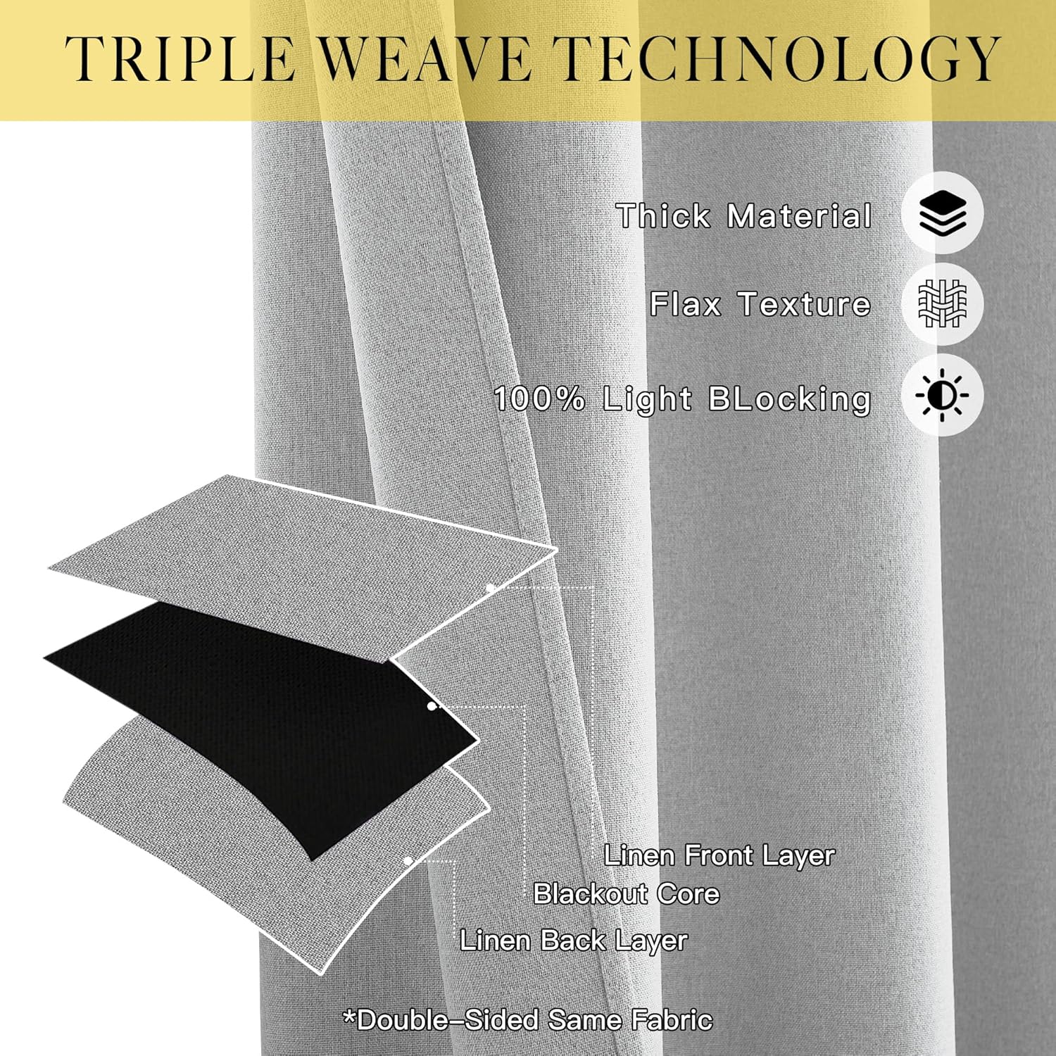 Grey triple weave blackout curtain with flax texture, revealing its light-blocking core.