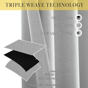 Grey triple weave blackout curtain with flax texture, revealing its light-blocking core.